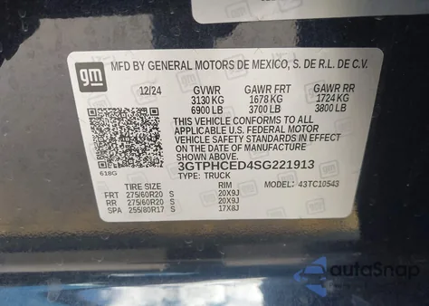 2025 GMC Sierra 1500 2Wd Short Box Elevation из США, поврежденный, VIN 3GTPHCED4SG221913